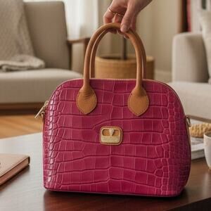 New Valentina Fuchsia Croc Embossed Satchel Tan Handles Gold Zip Top